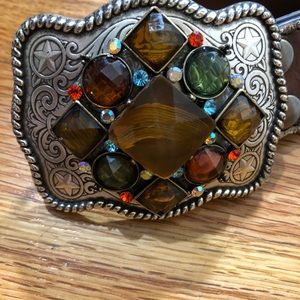 Genuine Leather Brown Large Gemstone buckle